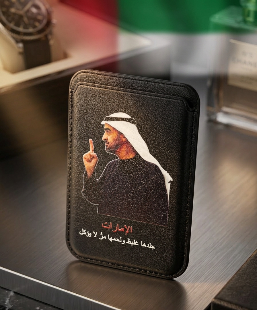 Magnetic Phone Wallet – "الإمارات جلدها غليظ ولحمها مر" Design