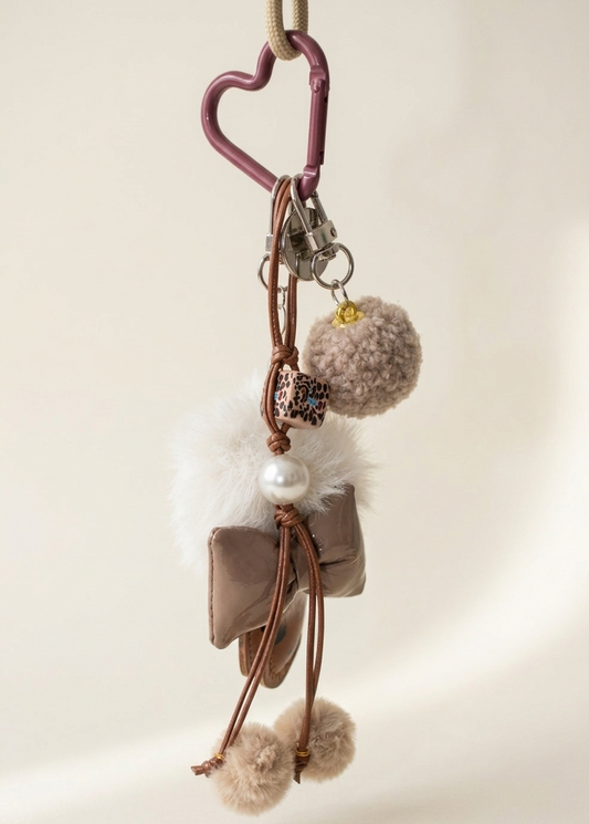 Luxury Fur Pom Pom Keychain with Bow & Pearl Charm