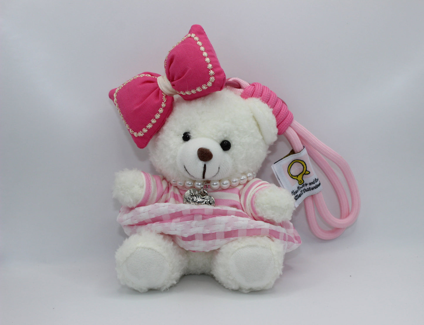 Pink Teddy Bear Keychain – Bow & Pearl Charm