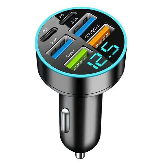 100W 6-Port Car Charger with Voltage Display