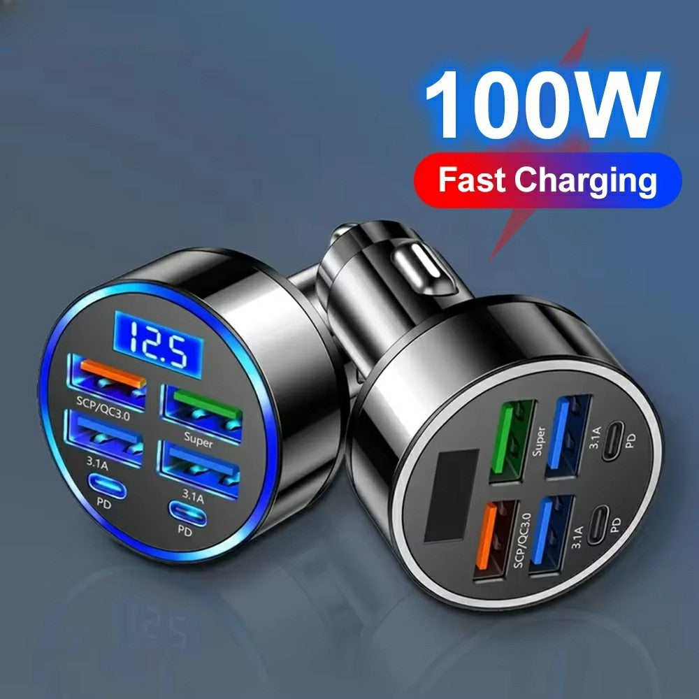 100W 6-Port Car Charger with Voltage Display