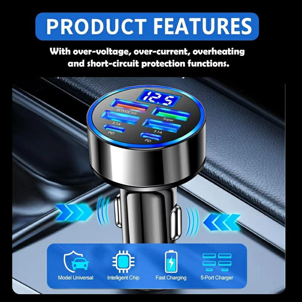 100W 6-Port Car Charger with Voltage Display