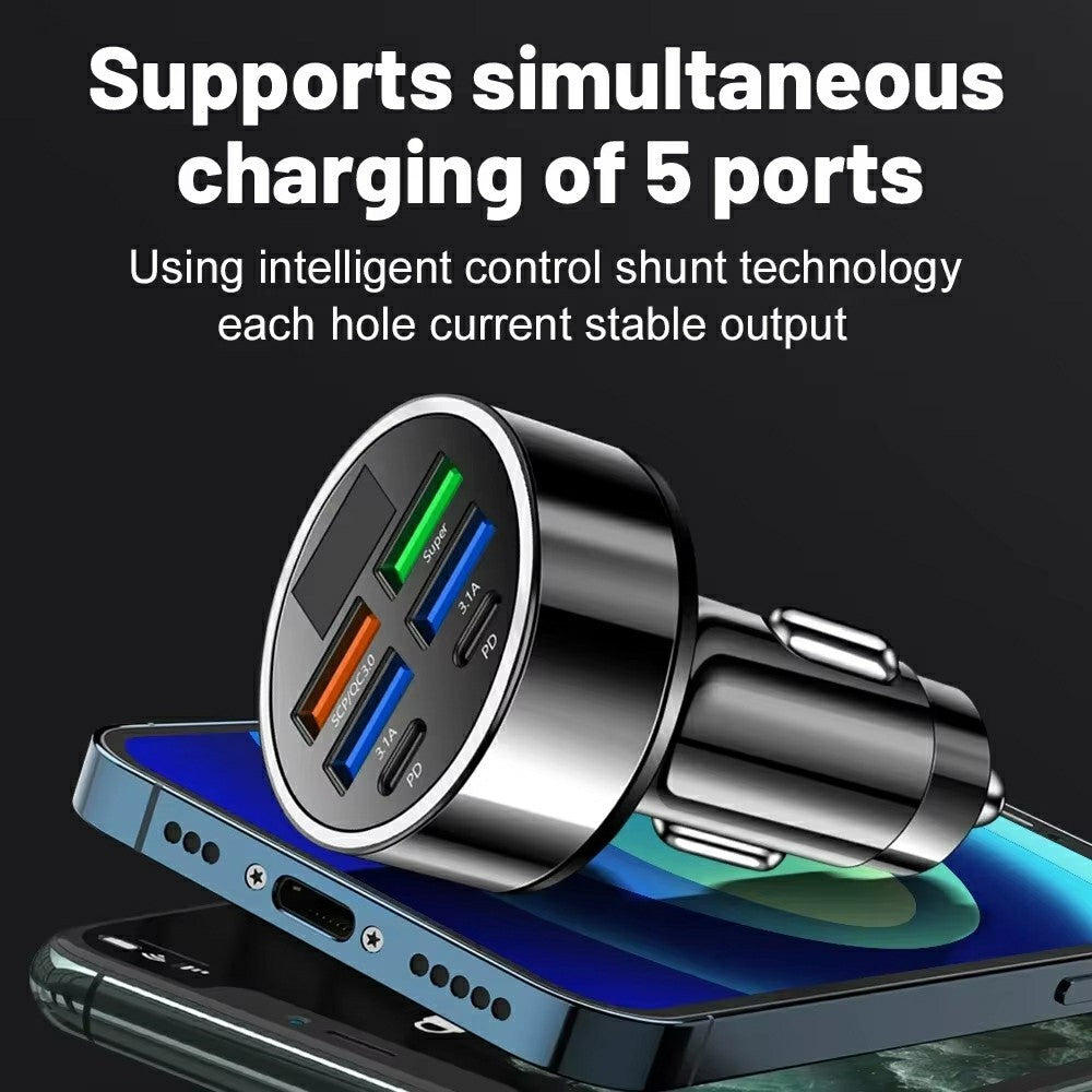 100W 6-Port Car Charger with Voltage Display