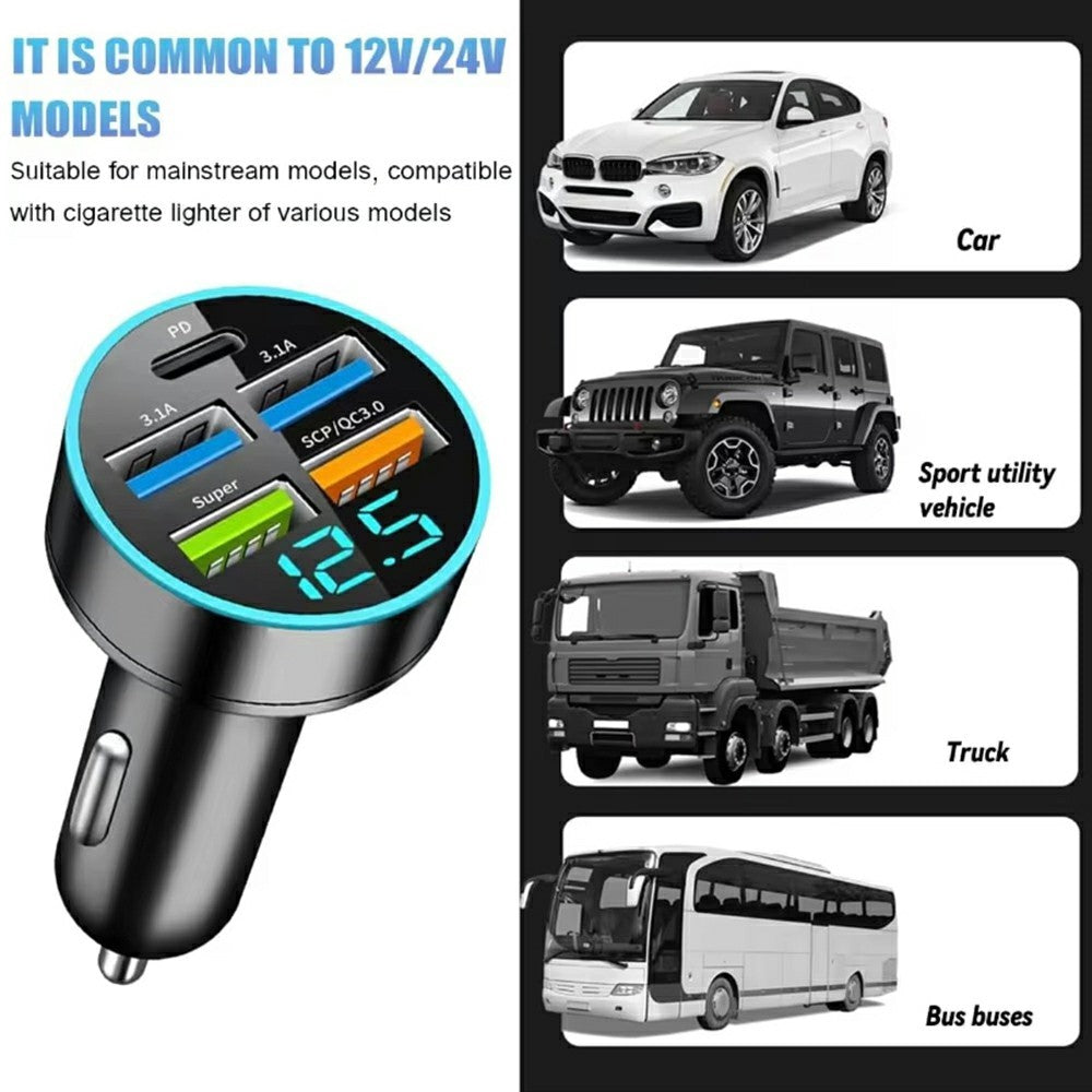 100W 6-Port Car Charger with Voltage Display
