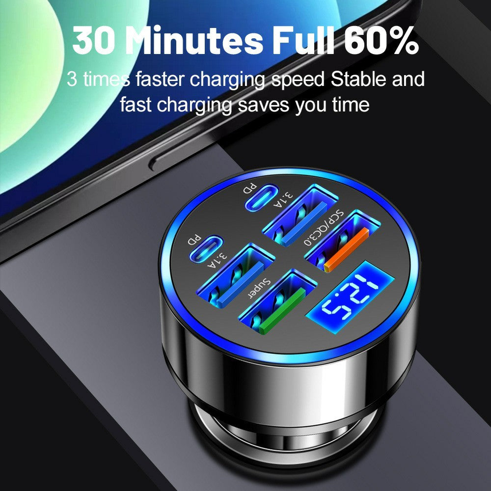 100W 6-Port Car Charger with Voltage Display