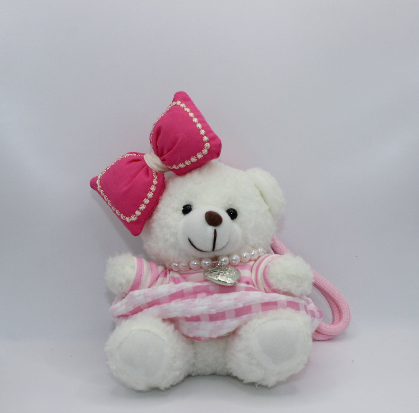 Pink Teddy Bear Keychain – Bow & Pearl Charm