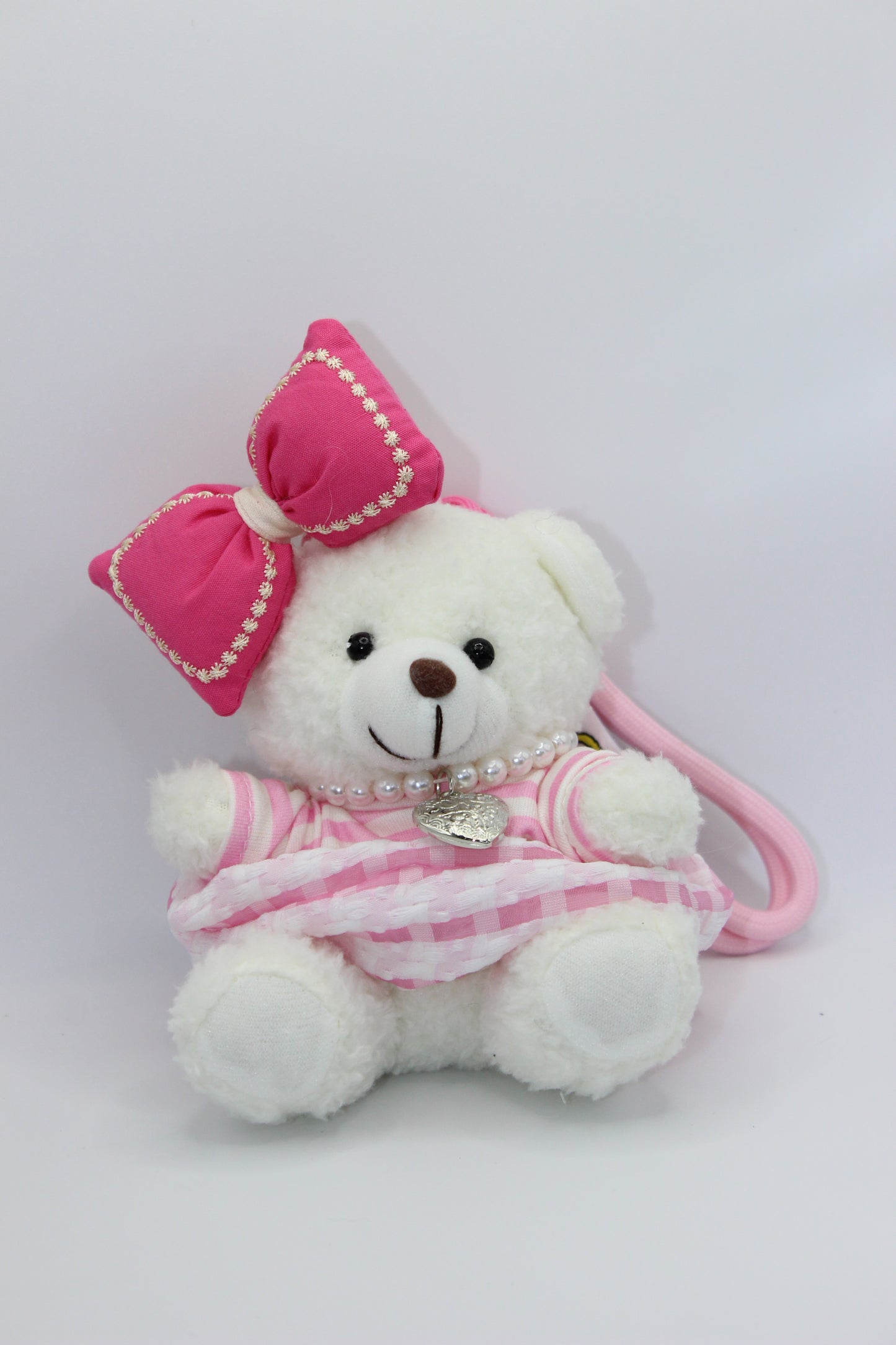Pink Teddy Bear Keychain – Bow & Pearl Charm