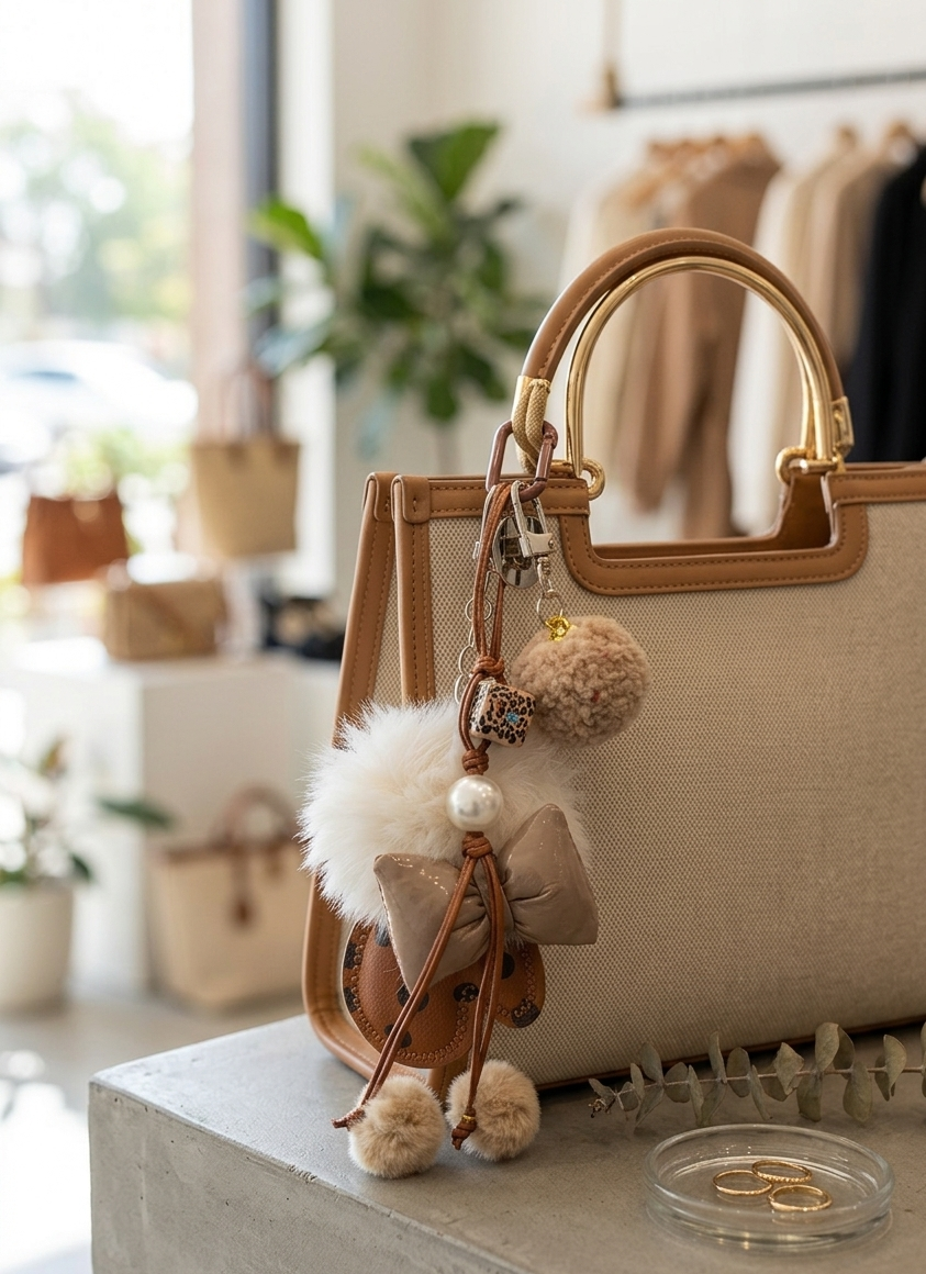 Luxury Fur Pom Pom Keychain with Bow & Pearl Charm