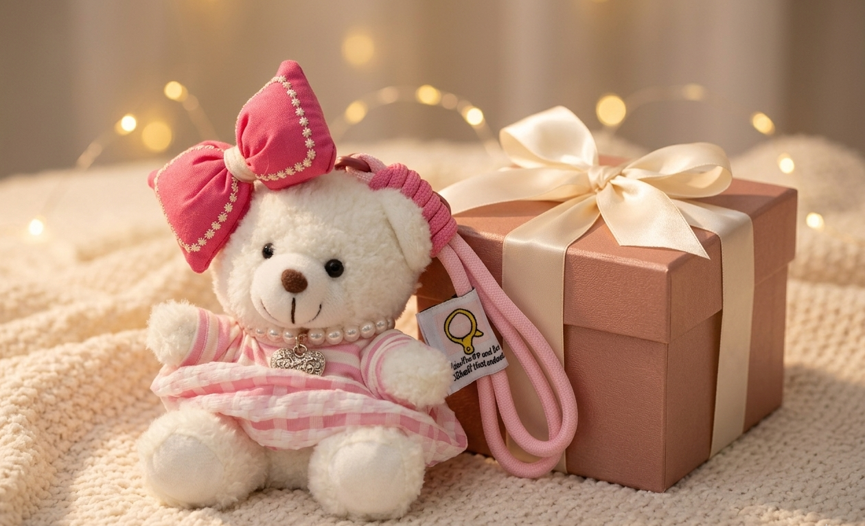 Pink Teddy Bear Keychain – Bow & Pearl Charm