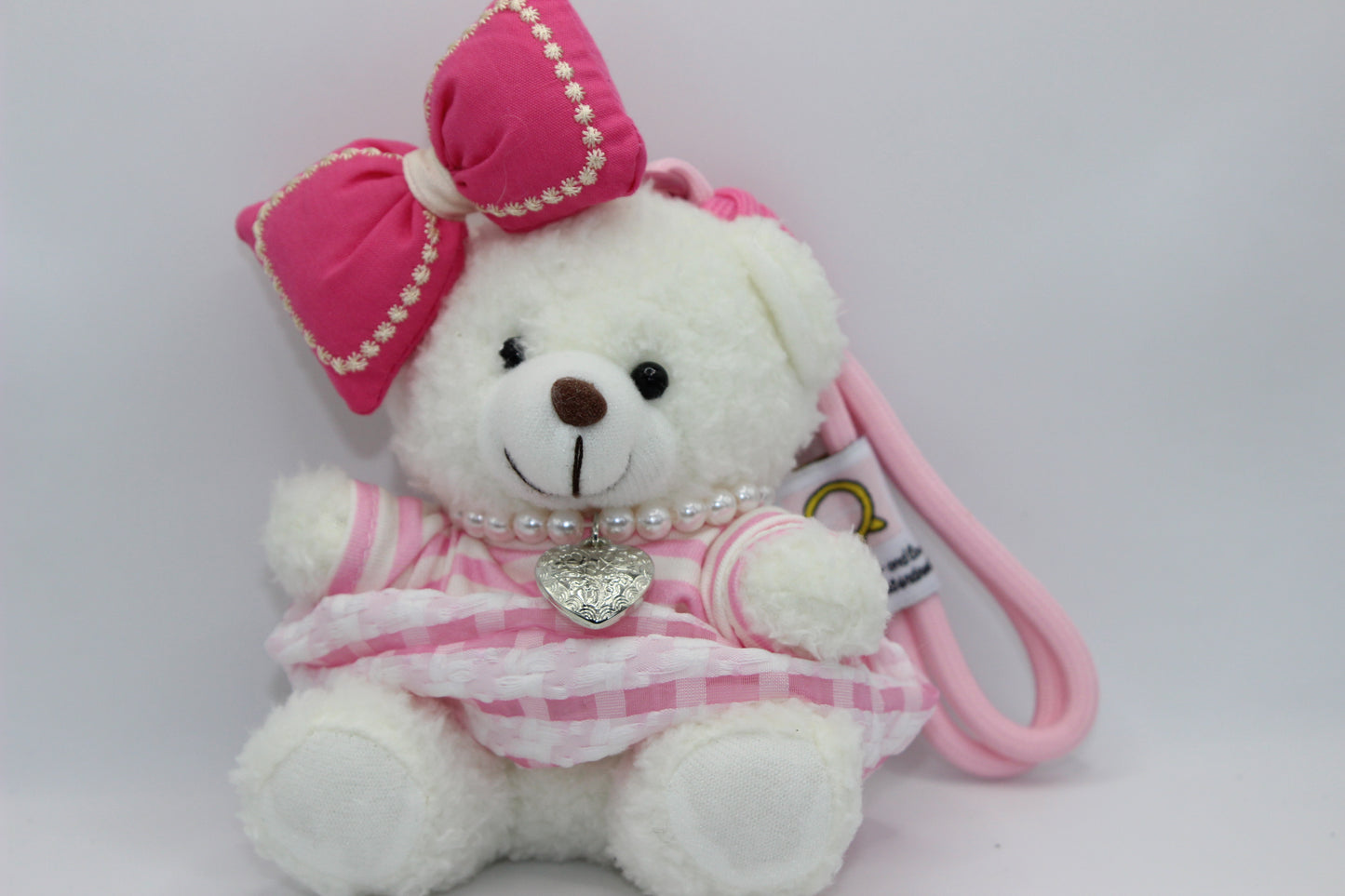 Pink Teddy Bear Keychain – Bow & Pearl Charm