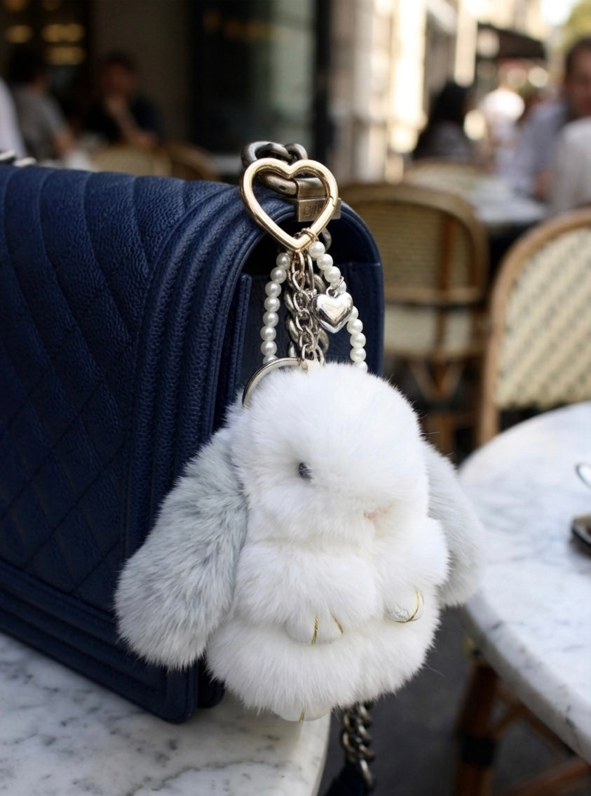Plush Bunny Keychain – Pearl Chain & Heart Clip Bag Charm