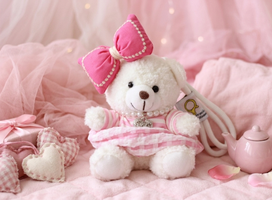 Pink Teddy Bear Keychain – Bow & Pearl Charm
