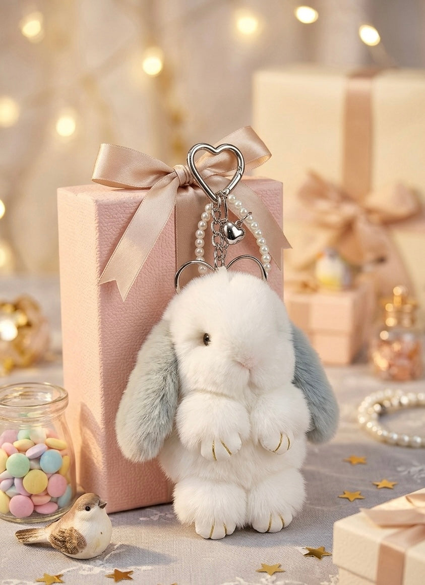 Plush Bunny Keychain – Pearl Chain & Heart Clip Bag Charm